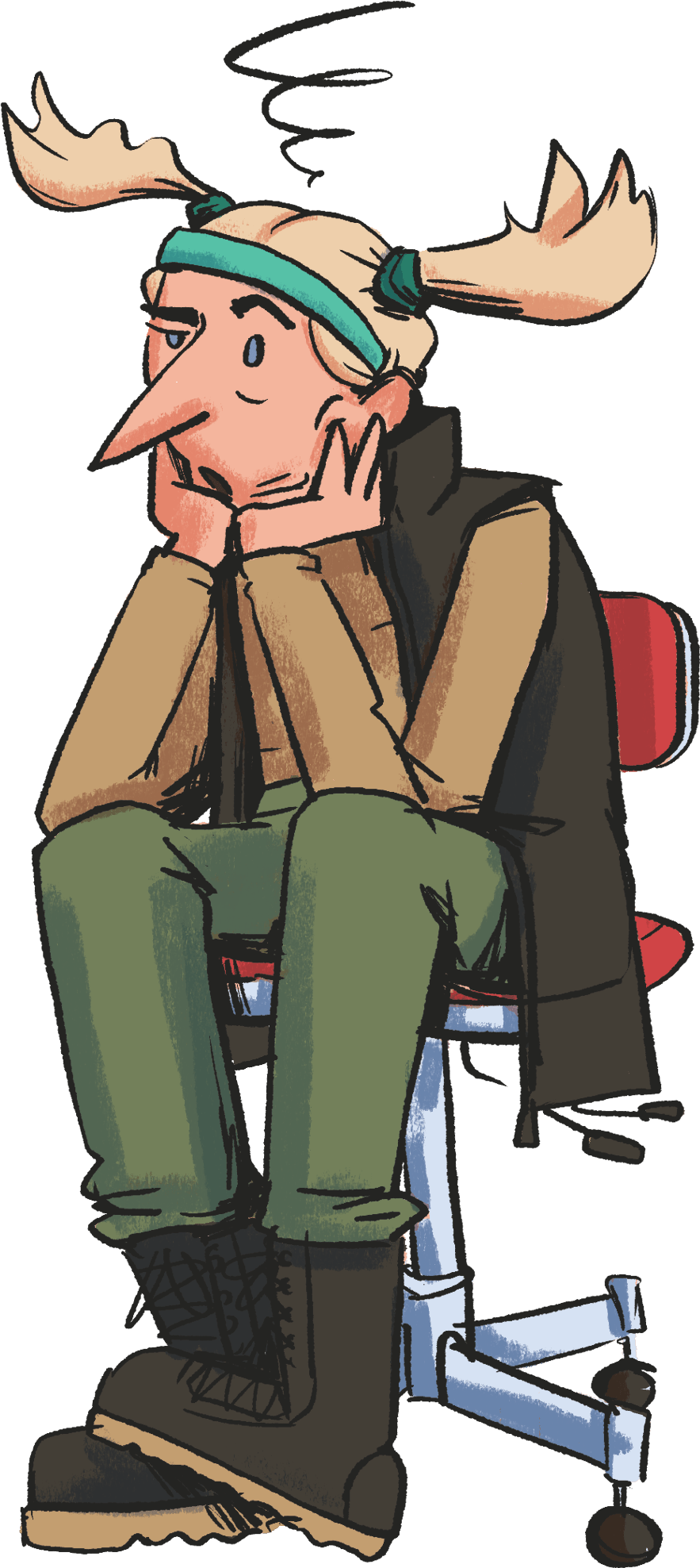 Illustrationen portrætterer Kikki, en karismatisk figur med et reflekterende udtryk, siddende på en kontorstol med hovedet hvilende i hænderne. Hendes pandebånd flagrer til siden, hvilket tilføjer et element af bevægelse til billedet. Iført en stilfuld jakke og støvler, fremstår Kikki som eftertænksom, klar til at svare på spørgsmål om brugen af Let's Go Heroes-missionen. 