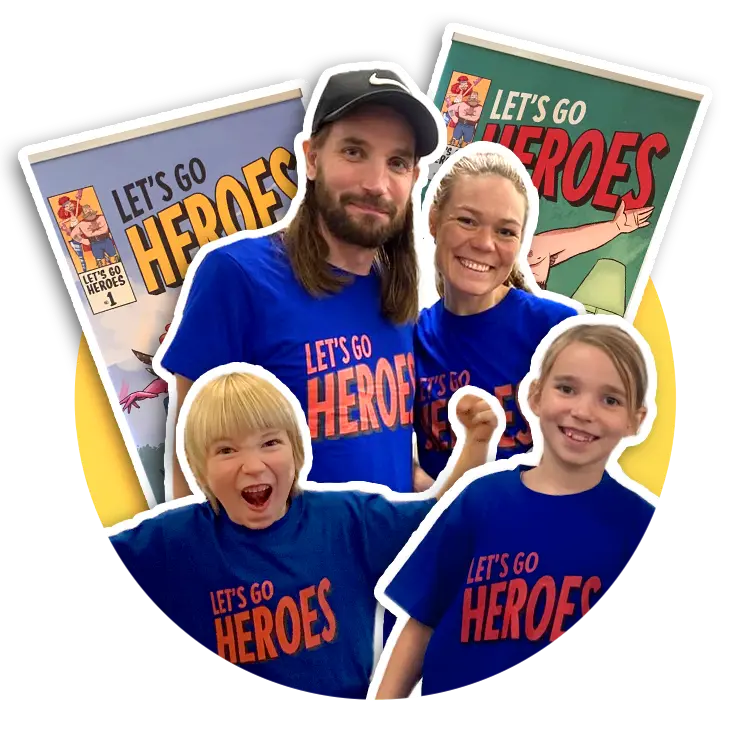 En energisk gruppe af Let's Go Heroes' teammedlemmer og unge deltagere, alle iført matchende blå t-shirts med logoet 'Let's Go Heroes'. De smiler og udstråler en entusiastisk atmosfære, klar til at deltage i organisationens events. I baggrunden ses bannere fra Let's Go Heroes, der bidrager til den farverige og positive stemning. Dette billede indfanger essensen af Let's Go Heroes' fællesskab og deres engagement i at skabe sjove og inspirerende oplevelser.