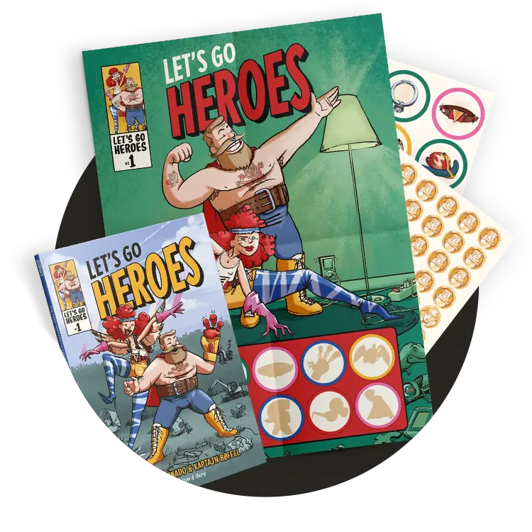 Let's Go Heroes missionspakke med forskelligt materiale. Pakken indeholder et farverigt bog med titlen 'LET'S GO HEROES' og illustrationer af karakterfulde superhelte, klistermærker med superhelteudstyr og guldmønter samt plakat med forskellige superheltemissioner. Materialerne er designet til at engagere og motivere børn til at deltage i fysiske aktiviteter gennem leg og fortælling.