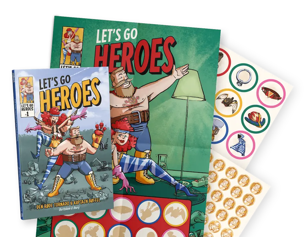 Let's Go Heroes-missionspakke, der omfatter en plakat med flotte superhelteillustrationer og en bog med ti farverige fortællinger, bevægelseslege og fyrre udfordringer, designet til at engagere børnene og fremme fysisk aktivitet. Medfølgende udstyrsklistermærker til at dekorere plakaten og guldmedaljeklistermærker til bogens gennemførte opgaver tilføjer et element af interaktivitet og belønning, som motiverer børnene til at fuldføre deres missioner med glæde og entusiasme.